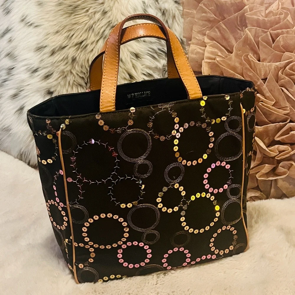 MZ Wallace Brown Neutral Embroidered Sequin Circles Leather Handles Canvas Tote